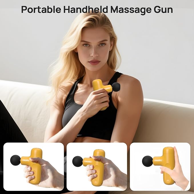 Mini Massage Gun Deep Tissue, Handheld Portable Mini Travel Size Percussion Deep Tissue Massager with 4 Attachments & 5 Speeds, Ideal Gift for Men & Women, Yellow - Bloomnest
