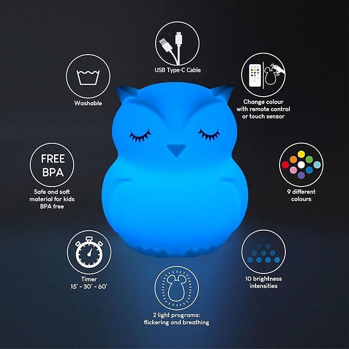 Large Owl Night Lights for Kids LED Nursery Lamp Children's Room Moon Bedside Lamp, Changeable Brightness & Color Child Table Night-Light, Lighting for Travel and Camping Child Gift - Large - Bloomnest