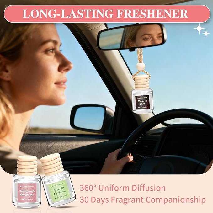 6 Pack Car Air Freshener, Long Lasting Natural Essential Oil Fragrance Diffuser - Pink Sparkle Champagne, Moonlit Gardenia & Nocturne Rose, Hanging Female Perfume Car Accessories Decor Gift - Bloomnest