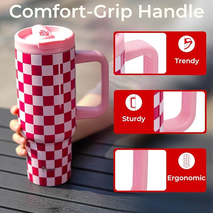 ProTour 100% Leakproof 40 oz Tumbler with Handle & 4-in-1 SipSwig Lid | Built-In Flip Straw & External Stainless Steel Straw | Insulated Stainless Steel Cup | BPA-Free | Pink Checkered - Bloomnest