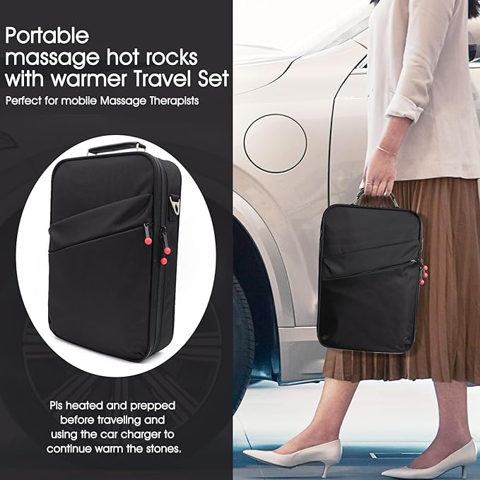 Portable Massage Stone Warmer Set, 20 Pcs Basalt Hot Stones with Heater Kit, Electric Hot Stones Warmer Massager for Professional/Home Spa, Digital Controller Heating Travel Bag (Black) - Bloomnest