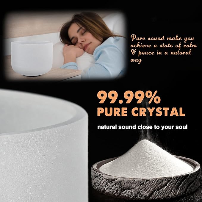 440HZ Sound Healing 8''-12'' Set of 3 Crystal Singing Bowls, Frosted Chakra Quartz Crystal Sound Bowl 8'' A 10'' C 12'' F - Bloomnest