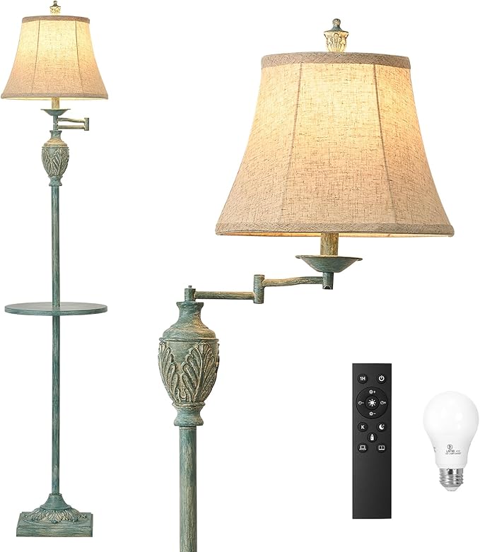 Traditional LED Floor Lamp with 350° Adjustable Swing Arm Lamp – Vintage Standing Pole lamp for Living Room, Bedroom and Office – Rustic Upright Floor Light for Home Décor with Silk Fabric Shade - Bloomnest