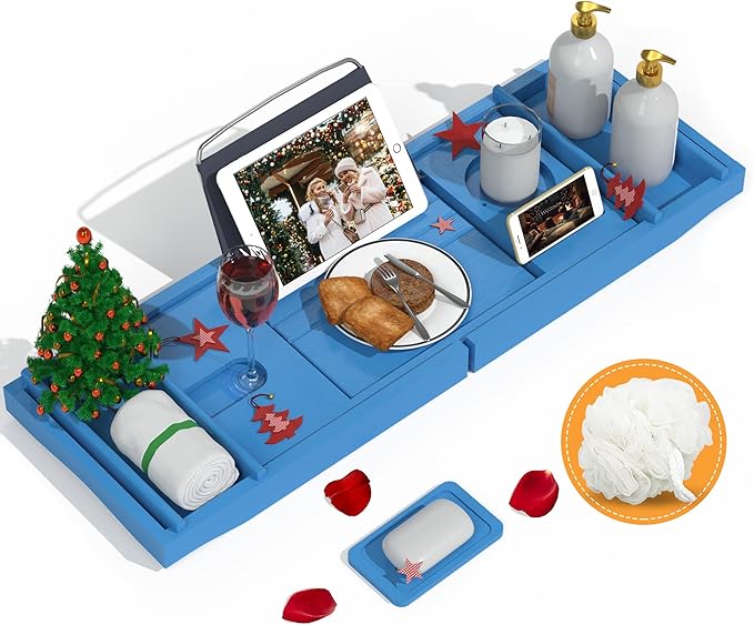 Domax Bathtub Caddy Tray - Expandable Bamboo Tub Tray for Luxury Spa Bath with Book Holder Free Soap Dish Blue - Bloomnest