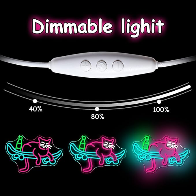 Lucunstar Skateboard Cat Neon Sign Pink Neon Signs for Wall Decor USB Connectivity Adjustable Brightness Animal Light Sign for Wall Decor Sign for Cat Lover Pet Shop - Bloomnest