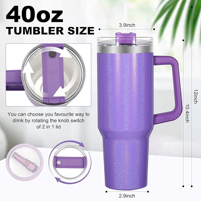 40 oz Tumbler with Handle and Flip Straw Lid, Vacuum Insulated Leak Proof Double Walled Stainless Steel Glitter Travel Mug Tumblers, Maintains Cold Ice and Heat for Hours(Purple) - Bloomnest