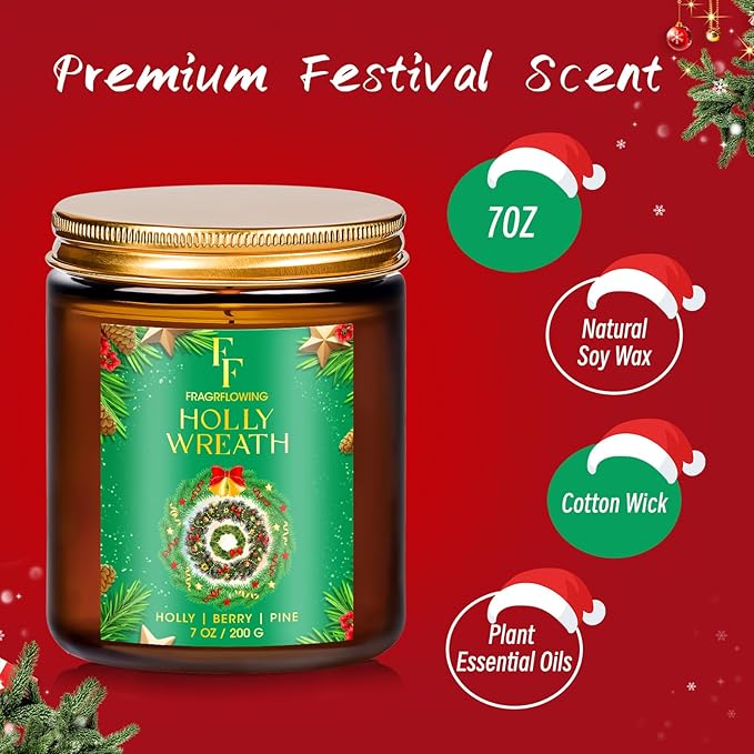 Christmas Candle, Holly Wreath Scented Candles for Home, Holiday Candles Natural Soy Candle, Aromatherapy Candle 7 oz Jar Candles Christmas Gifts for Women Men - Bloomnest