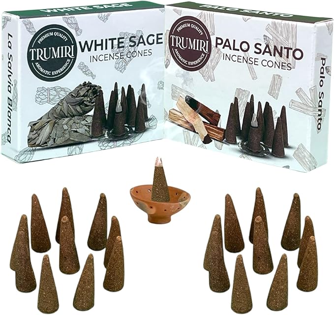 TRUMIRI Incense Cones - Combo Pack of 20 Cone Incense - 10 Palo Santo + 10 White Sage - Insence Cones - Incense Cones Scented - Cone Incense Scents - Insense Cones - Incent Cone TRUMIRI