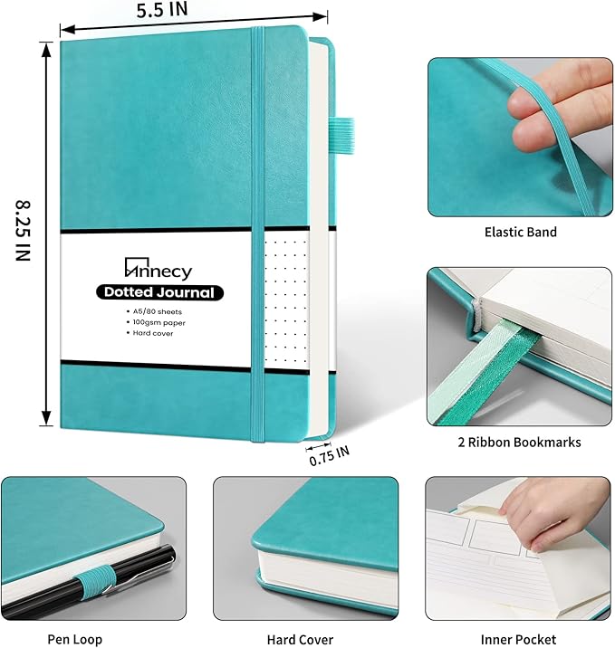 Annecy Numbered Bullet Dotted Journal Notebook, Medium 5.5x 8.25, 160 Pages 100GSM Writing Paper, A5 Turquoise Faux Leather Cover with Pen Loop - Bloomnest