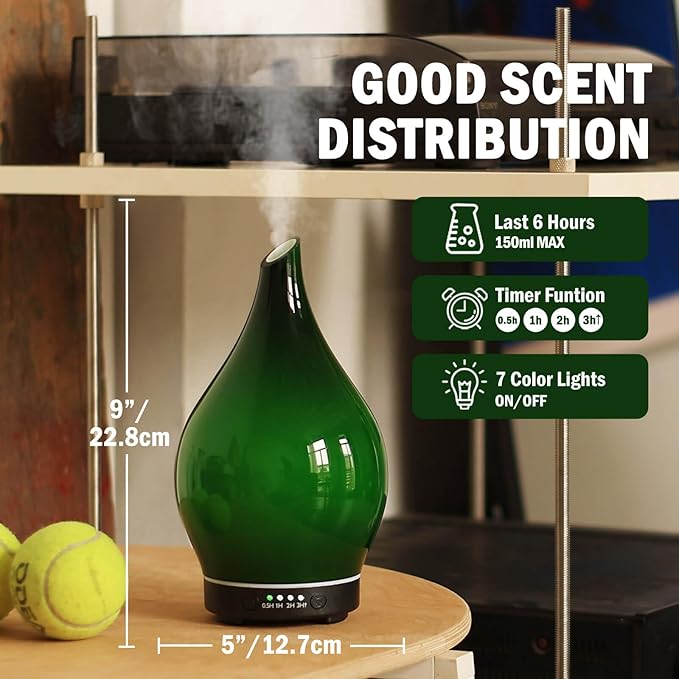 Porseme 150ml Essential Oil Diffuser Glass Color Changing Aroma Air Diffusers Aromatherapy Ultrasonic Cool Mist Humidifier 6 Running Hours Waterless Auto-Off for Sleeping Yoga Office Spa (Hulk Green) Porseme