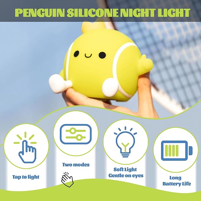 Tennis Nursery Night Light,LED Squishy Silicone Lamp,2 Levels Dimmable Bedroom Nightlight for Kids,Touch Light,Dorm Decor lamp,Baby Boys Girls Gifts (Tennis) - Bloomnest