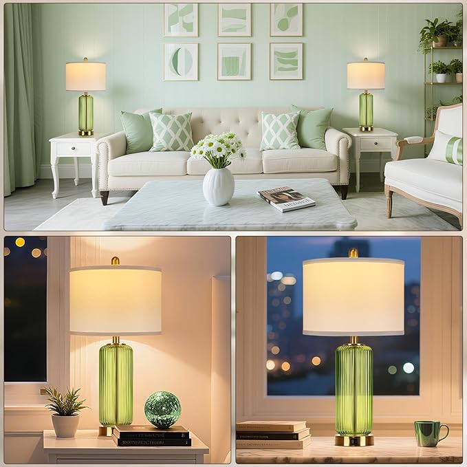 Table Lamps Set of 2 with Touch Control, 3-Way Dimmable Nightstand Lamp with Vertical Grained Glass, 27" Modern Glass Bedside Lamps with USB A+C Ports, Green Bedside Table Lamps, Desk Lamp for Bedroom - Bloomnest