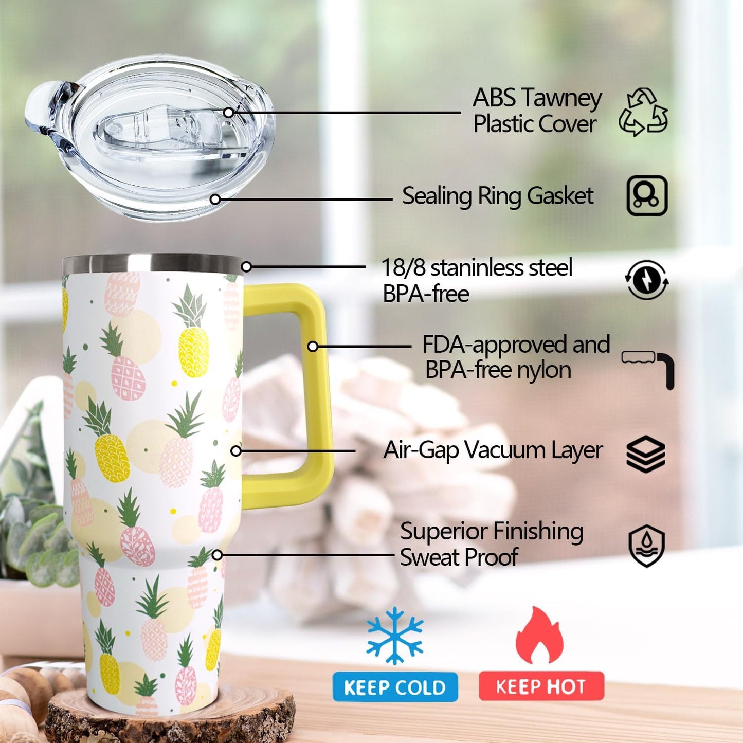 Ceovfoi 40oz Pineapples Coffee Mug Cup Water BottlesTumbler With Handle Lid and Straw,Pineapples Decor Stuff Accessories