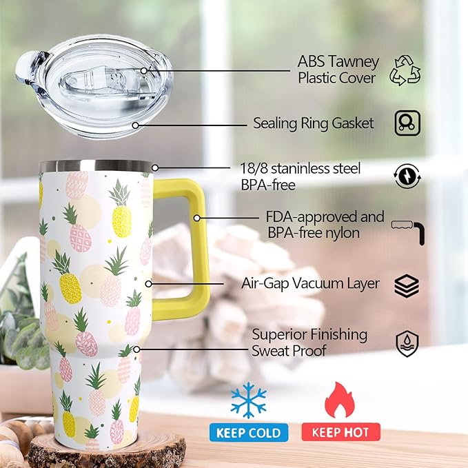 Ceovfoi 40 Oz Pineapple Coffee Travel Mug Cup Water Bottle Tumbler With Handle,Pineapple Decor,Gifts for Women - Bloomnest