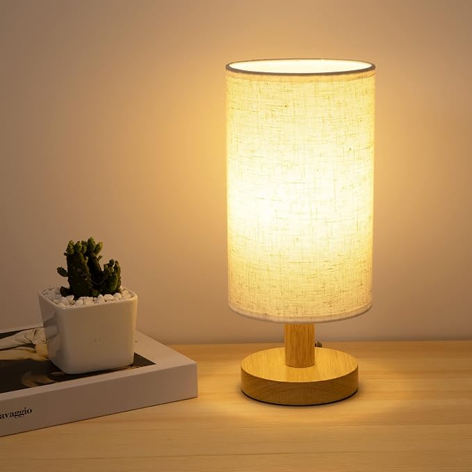 Small Bedside Table Lamp for Bedroom, Minimalist Wood Base & Round Fabric Shade, Mini Cute Cozy Warm White Nightstand Boho Lamp, Study Desk Night Stand Light for Room, Dorm, Nursery, Living Room - Bloomnest