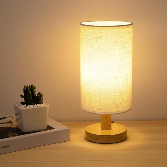 Small Bedside Table Lamp for Bedroom, Minimalist Wood Base & Round Fabric Shade, Mini Cute Cozy Warm White Nightstand Boho Lamp, Study Desk Night Stand Light for Room, Dorm, Nursery, Living Room - Bloomnest