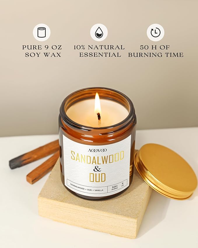 AOOVOO Sandalwood Oud Candle - Sandalwood Candle, Scented Candles, Soy Candles for Home Scented, 9oz - Bloomnest