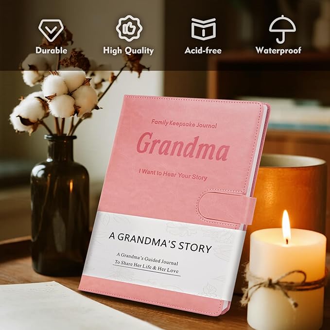 Artmag Grandma's Life Story Journal with 250+ Prompt Questions, Family Keepsake Book Leather Cover for Grandma to Share Her Memories for Birthday Mother's Day Christmas (Pink) - Bloomnest