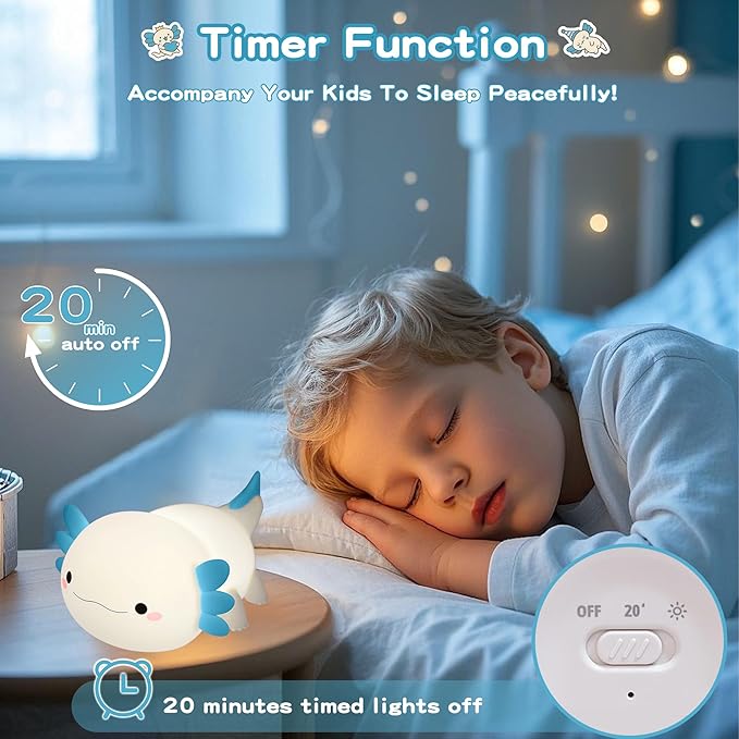 Axolotl Night Light,Cute Axolotl Lamp,Food Grade Silicone Nursery Nightlight,Rechargeable/Dimmable LED Squishy Novelty Animal Bedside Touch Lamp,Baby Room Decor, Axolotl Gifts for Kids/Boys - Bloomnest