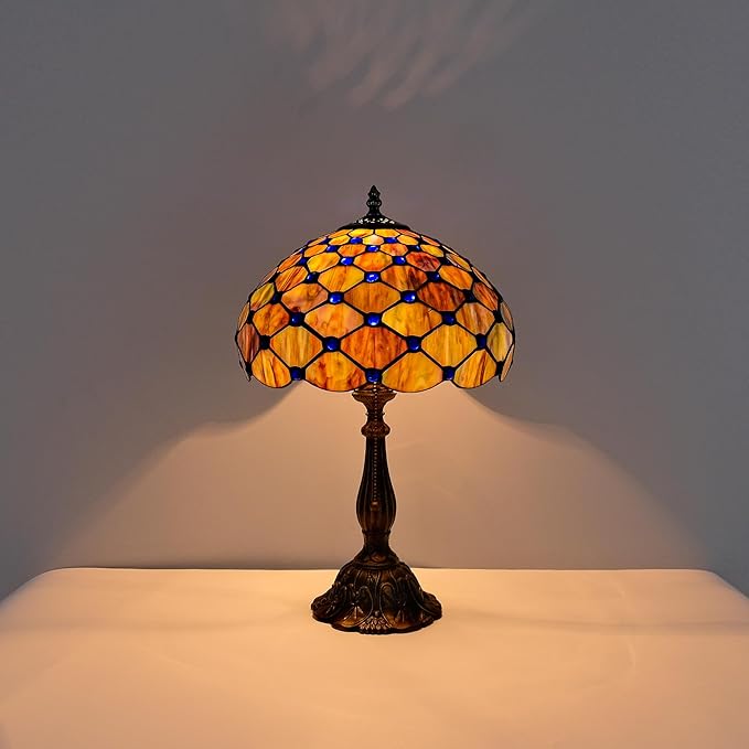 Tiffany Lamp Vintage Gradient Green Stained Glass Bead Table Lamp Desk Bedside Reading Light Decor Bedroom Living Room Home Office D12*H18 Inches (Gradient Green) - Bloomnest