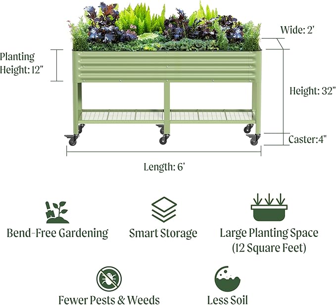 Rolling Elevated Raised Garden Bed-V Series, 2' x 6' Garden Beds with Legs & Storage Rack for Patio & Porch, 1000 Lbs Weight Capacity, Outdoor Planter Box for Vegetables Flower Herbs, Pearl White - Bloomnest
