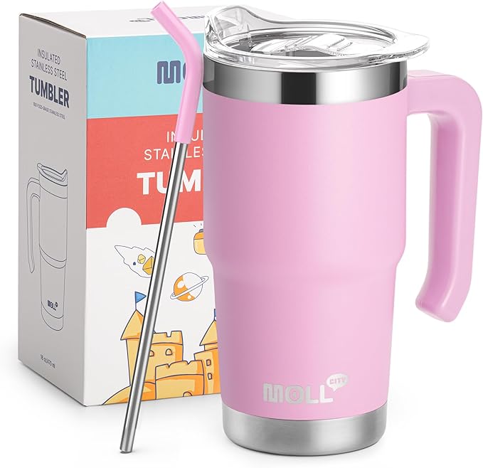 Insulated Tumbler with Handle 16 oz Stainless Steel Double Wall Vacuum Tumbler Cups Travel Coffee Mug with Lid and Straw (Purple Pink) - Bloomnest