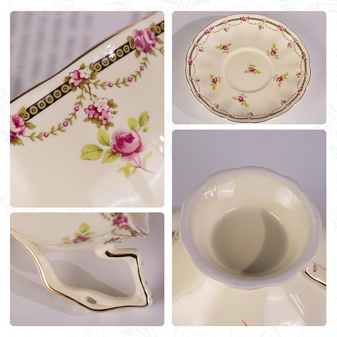 KAMMAK Tea Cups and Saucers Set of 2, Porcelain, 7.8-Ounce | Stackable Espresso Mugs | Imperial Court Collection | Ceramic Demitasse | For Coffee, Latte, Americano, Tea - Bloomnest