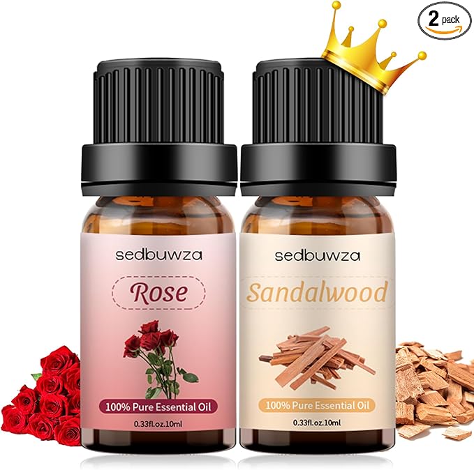 Sedbuwza Rose Sandalwood Essential Oil Set, Rose Fragrance Oil Sandalwood Scent Oil Set for Diffuser, Aromatherapy, Massage, Soap, Candle Making 2 x 10 ml Sedbuwza