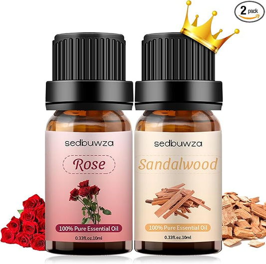 Sedbuwza Rose Sandalwood Essential Oil Set, Rose Fragrance Oil Sandalwood Scent Oil Set for Diffuser, Aromatherapy, Massage, Soap, Candle Making 2 x 10 ml Sedbuwza