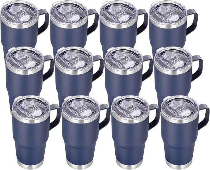 VEGOND 20 oz Tumbler Bulk with Handle Lid and Straw, Stainless Steel Insulated Travel Coffee Mug Set, Spill Proof Double Wall Metal Tumblers Cups, Powder Color Navy Blue 12 Pack - Bloomnest