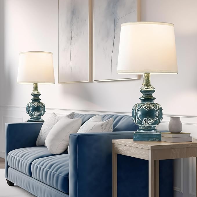 20.75" Farmhouse Table Lamps for Bedroom Set of 2, Rustic Bedside Lamps with 2 USB Port, Retro side table lamp Antique Nightstand Lamp for Living Room End Table Office Country, Traditional Washed Blue - Bloomnest