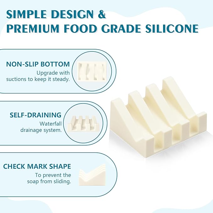 Self Draining Soap Dish Holder,Silicone Soap Dish,for Bathroom,Kitchen, Sponges，Can Extend Soap Life，Keep Soap Bars Dry and Easy Cleaning (Cream White,2-Pack) - Bloomnest