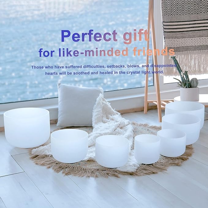 CVNC 432HZ 6-12 Inch Set Of 7 PCS Frosted Chakra Quartz Crystal Singing Bowls for Sound Healing with 2 PCS Travel Carry Case Bag - Bloomnest