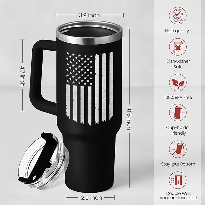 SANDJEST American Flag Tumbler with Handle, America 40oz Stainless Steel Insulated Coffee Mug with Lid & Straw, America Gifts for Men Women, USA Tumblers Cup Gift for Christmas - Bloomnest