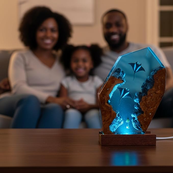 Handmade 3D Ocean Resin Lamp, Epoxy Ocean Night Light with Wooden Base, LED Color Changing Table Lamp, USB Powered Dragons Decor, Unique Ocean Gift for Bedroom & Home Office (Manta Ray) - Bloomnest