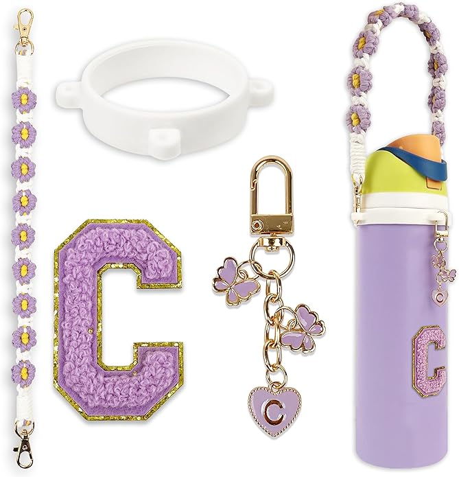 Compatible with Owala Water Bottle Accessories, Cute Letter Charm Set with Boho Handle Strap, Monogram Sticker, Silicone Ring, Keychain Decoration, for FreeSip 24 32 40oz, Owala Kids, Tumbler Gift SITKOL