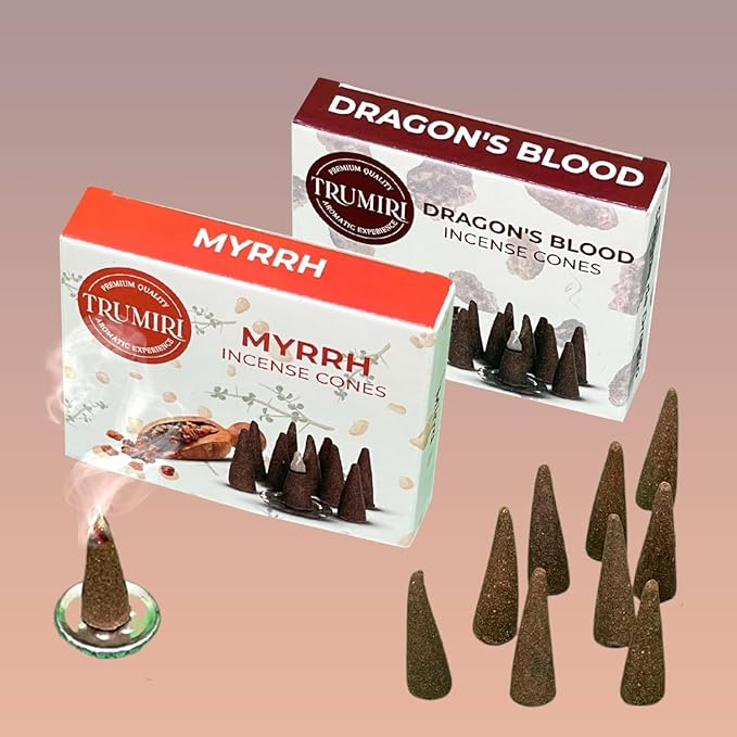 TRUMIRI Incense Cones - Combo Pack of 20 Cone Incense - 10 Myrrh + 10 Dragons Blood - Insence Cones - Incense Cones Scented - Cone Incense Scents - Insense Cones - Incent Cone TRUMIRI