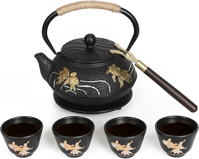 RekRang Hand-Painted Goldfish Cast Iron Teapot Set,Japanese Cast Iron Tea Kettle Set with Removeable Infuser and 4 Stainless Steel Cups,Traditional Tetsubin Tea Pot Sets for Stovetop 750ml/26oz - Bloomnest
