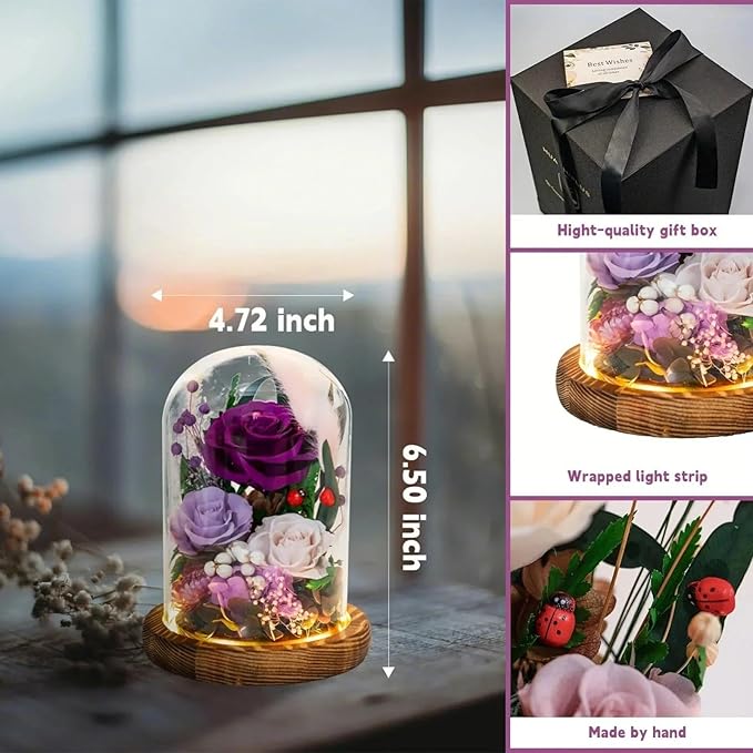 Forever Flowers with Symbolic Ladybugs: Preserved Flowers Gift for Women-Romantic Table Centerpiece-Valentines, Anniversary, Mothers Gifts for Her-Flowers for Delivery Prime (Purple) - Bloomnest