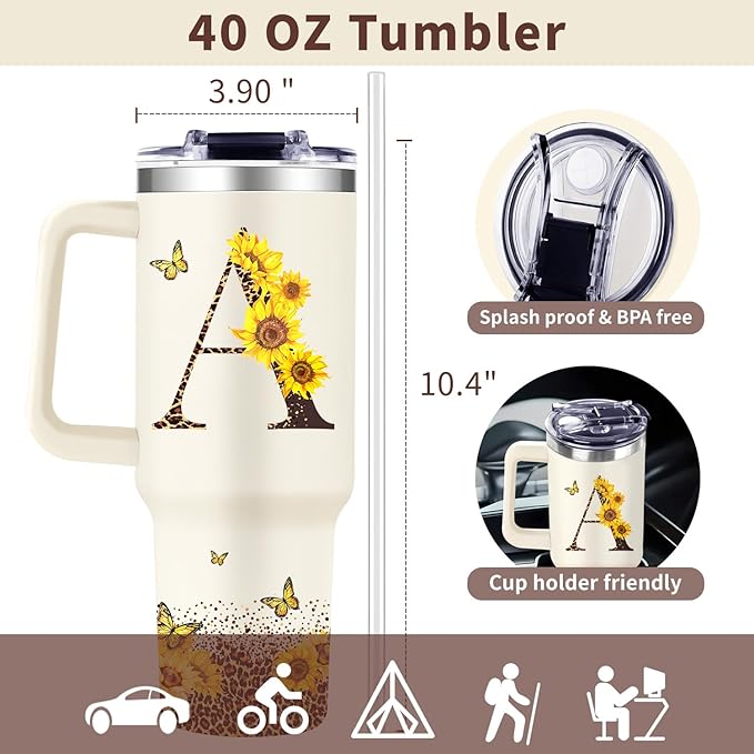 Personalized Sunflower Birthday Gifts for Women, Monogrammed 40oz Customized Tumblers Gifts with Initial Name for Grandma Mom Aunt Sister on Mothers Day, Custom Name Cups Gift for Her Female - Bloomnest