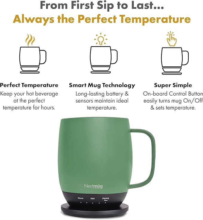 Nextmug - Temperature-Controlled, Self-Heating Coffee Mug (Sage - 14 oz.) - Bloomnest