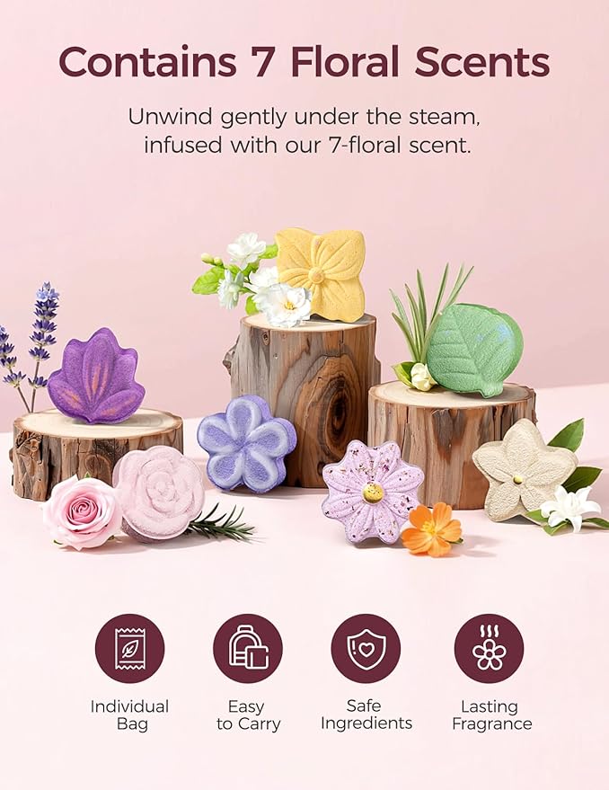 Momcozy Shower Steamers 14 Pack-7 Unique Shapes & Floral Scents, Long Lasting Fragrance, Gentle Formula, Perfect Travel & Gift Idea for Home Spa Relaxation - Bloomnest