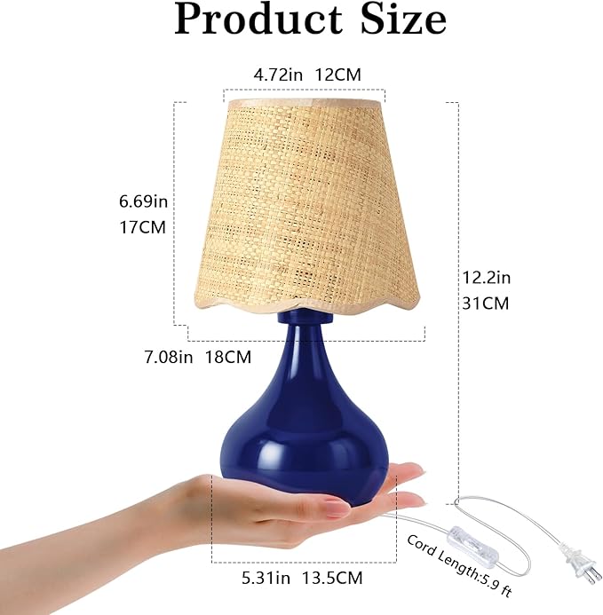Navy Blue Small Table Lamp, Mini Bedroom Lamps for Bedside Nightstand, Rattan Shade Small Table Lamps for Small Spaces for Kitchen Counter, Bookshelf, Home Office, Living Room, Dorm - Bloomnest