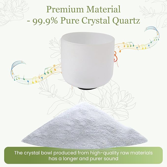 432HZ 7 Inchs Frosted Crystal Singing Bowl Set for Meditation Healing Yoga Chakra Quartz Crystal Sound Bowls with Heavy Duty Carry Case and Rubber Mallet,Suede Striker,O-rings - Bloomnest