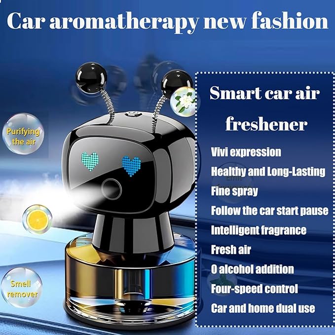 Robot Intelligent Aromatherapy Machine, Smart Cute Robot Car Air Freshener - Fine Spray/Fillable/Four-Gear Adjustment/Vibration Sensing/On-Off/Large Capacity Long-Lasting Fragrance/Black-V2(Cologne) - Bloomnest