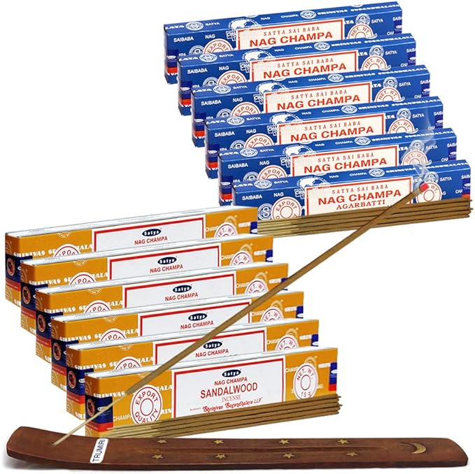 Nag Champa Incense Sticks and Sandalwood Incense Sticks with Incense Holder Bundle for Home Fragrance and Spiritual Décor TRUMIRI