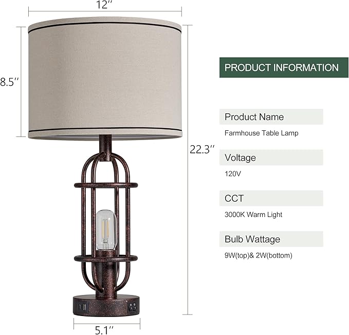 22.3" Table Lamps for Living Room Set of 2, Farmhouse Lamps for Nightstand, Vintage Table Lamps for Bedroom with USB Ports, Bulbs Included - Bloomnest