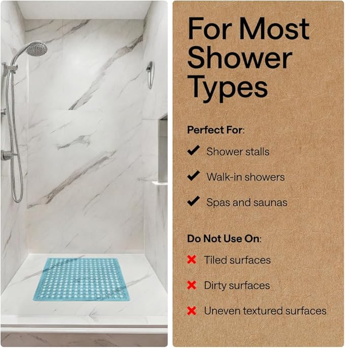 GORILLA GRIP Patented Square Shower Stall Mat, Small Bathtub Floor Mats for Stand Up Showers, Suction Cups and Drainage Holes, Machine Wash, Soft on Feet, Bathroom Accessories 21x21 Inch, Turquoise - Bloomnest