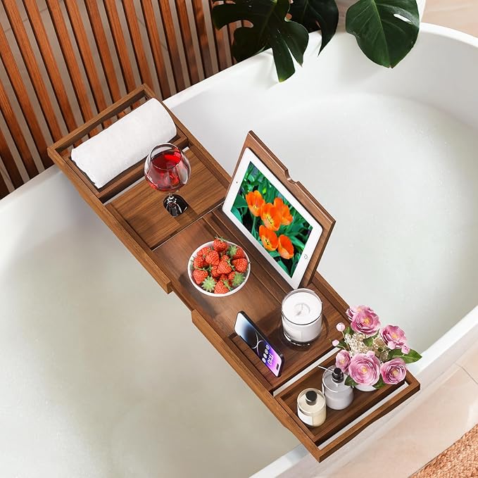 Wooden Bathtub Tray for Luxury Bathroom, Expandable Premium Teak Bath Tray, Adjustable Bath Accessories for Tub, as Unique Housewarming, Holiday, Birthday Gifts - Bloomnest
