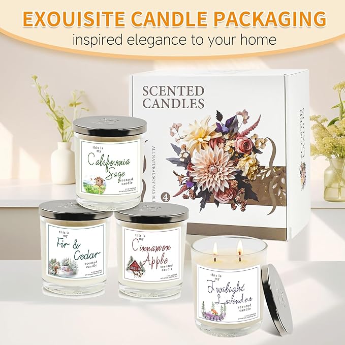4 Pack Large Jar Candles with Double Wicks, Scented Candles for Home, 11.3oz Each, 240 Hour Burn Time, Aromatherapy Gift Set for Women, Cinnamon Apple, Lavender, Fir & Cedar, California Sage - Bloomnest